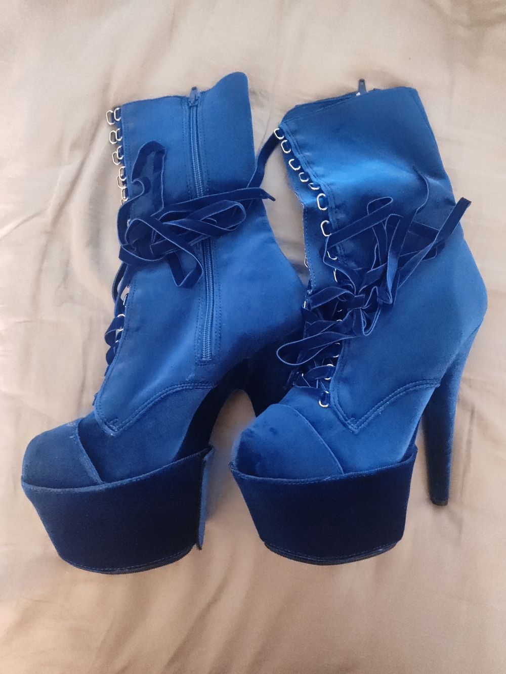 Blue Velvet Platform Zip Lace-Up Ankle Boots - Women's Pleasers